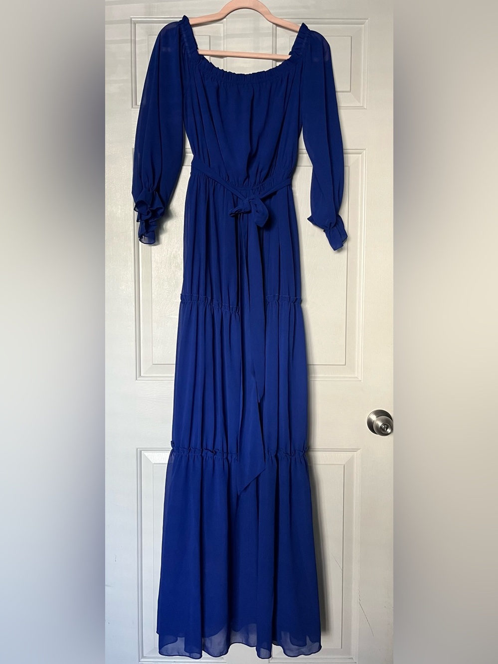 Off-Shoulder Royal Blue Maxi Dress with Tie Waist | Size L